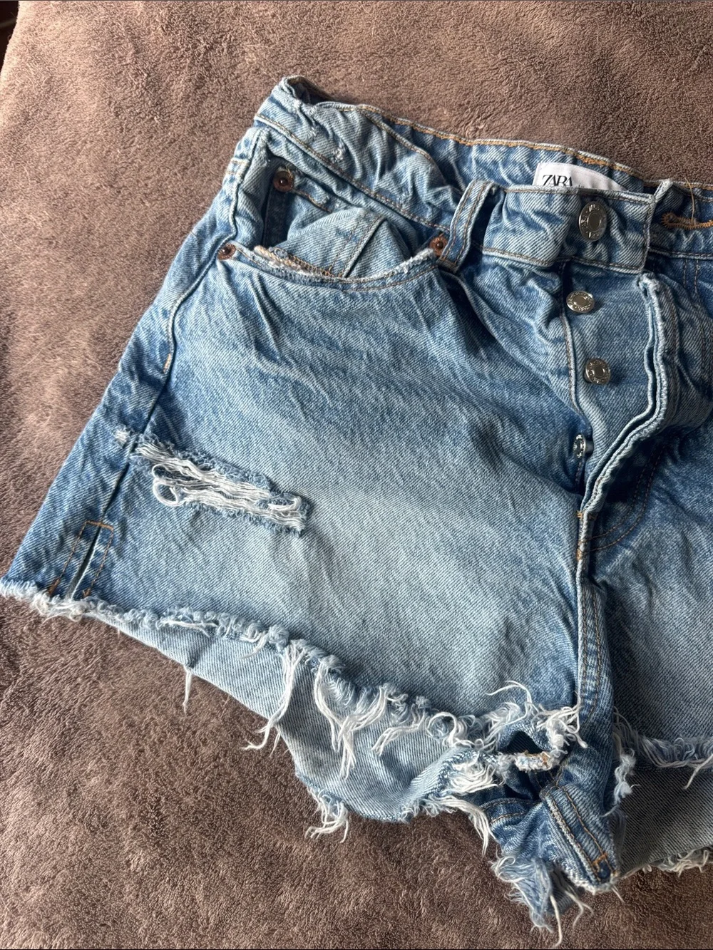 ZARA Faded Blue High-Rise Distressed Denim Shorts